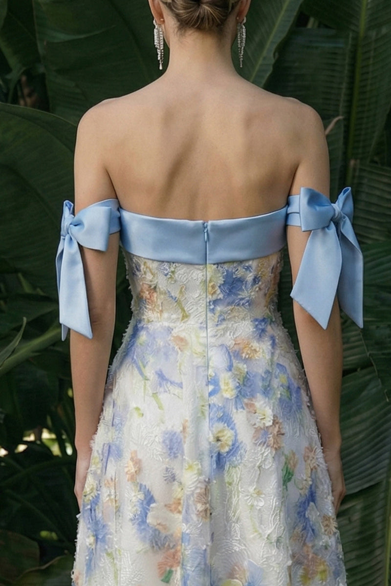 Load image into Gallery viewer, Light Blue Floral A Line Maxi Formal Dress with Bows