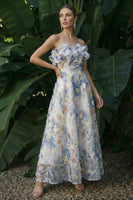 Load image into Gallery viewer, Light Blue A Line Ruffled Floral Maxi Formal Dress