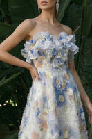 Load image into Gallery viewer, Light Blue A Line Ruffled Floral Maxi Formal Dress