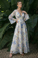 Load image into Gallery viewer, Light Blue A Line Floral V-Neck Maxi Formal Dress