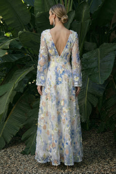 Light Blue A Line Floral V-Neck Maxi Formal Dress