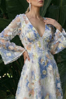 Load image into Gallery viewer, Light Blue A Line Floral V-Neck Maxi Formal Dress