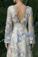 Load image into Gallery viewer, Light Blue A Line Floral V-Neck Maxi Formal Dress