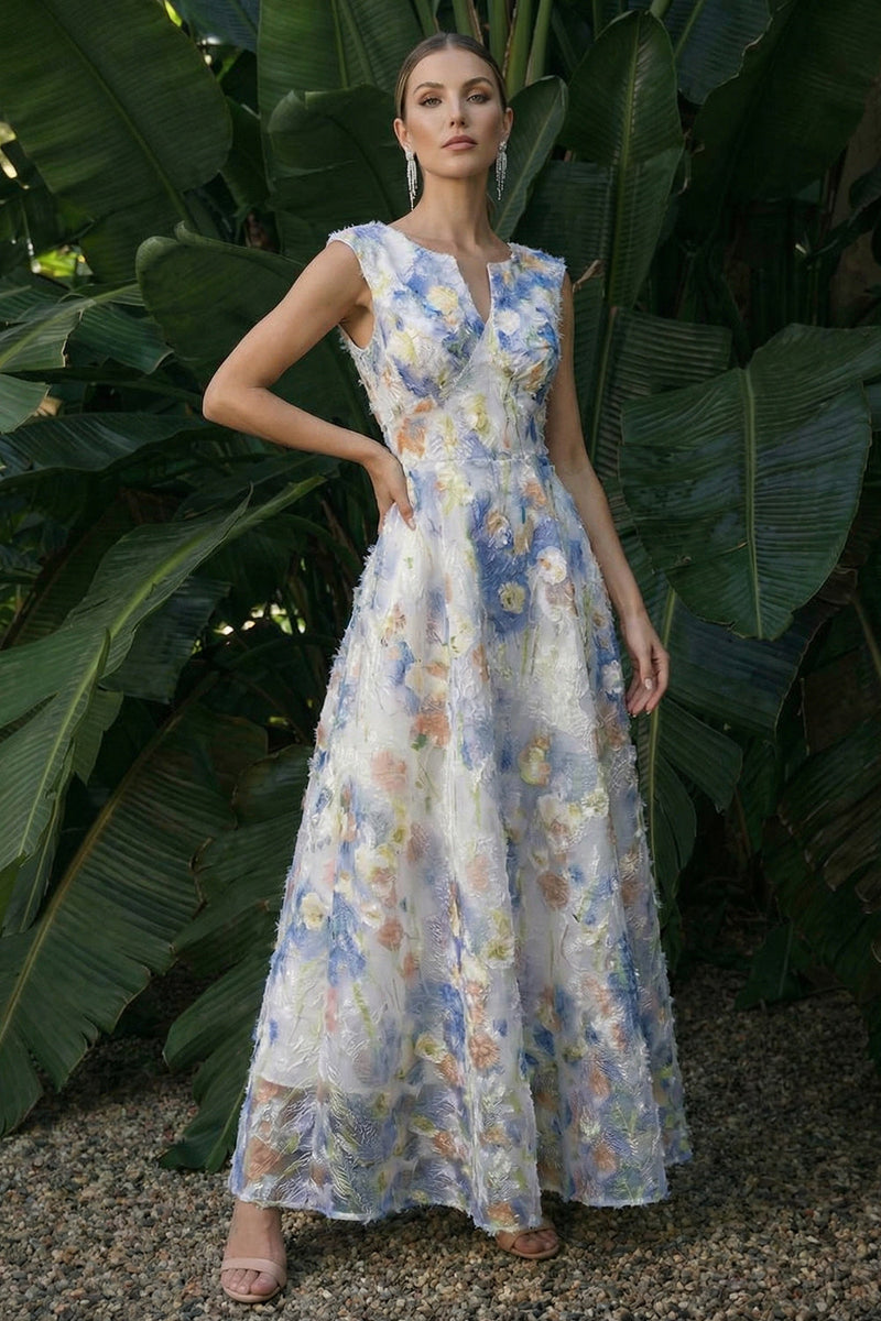 Load image into Gallery viewer, Light Blue Floral A Line Maxi Formal Dress