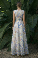 Load image into Gallery viewer, Light Blue Floral A Line Maxi Formal Dress