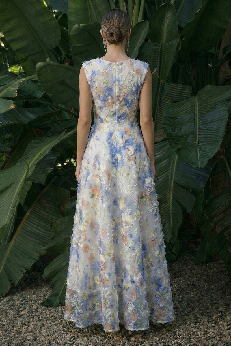 Load image into Gallery viewer, Light Blue Floral A Line Maxi Formal Dress