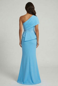 Sky Blue Mermaid Beaded Long Formal Dress with Slit