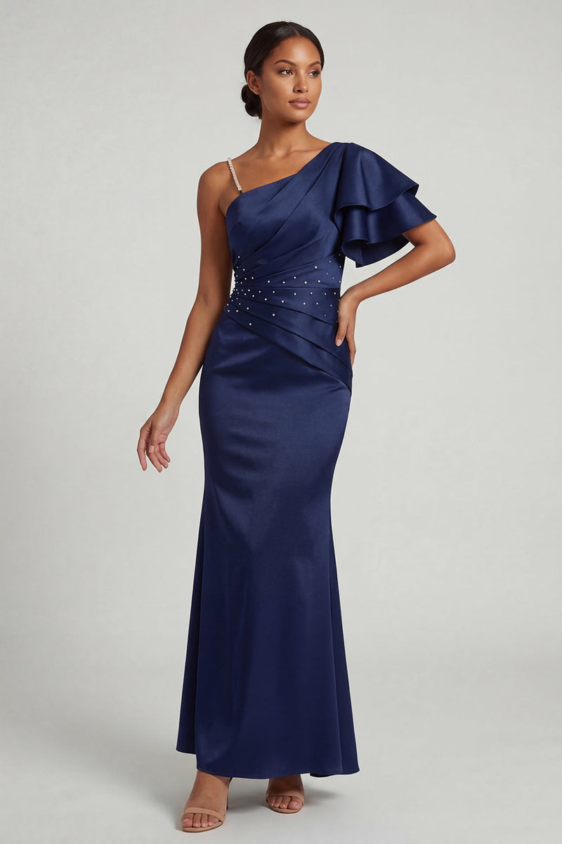 Load image into Gallery viewer, Navy Ruched Long Mermaid Beaded Formal Dress with Ruffles