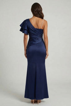Navy Ruched Long Mermaid Beaded Formal Dress with Ruffles
