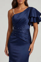 Load image into Gallery viewer, Navy Ruched Long Mermaid Beaded Formal Dress with Ruffles