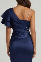 Load image into Gallery viewer, Navy Ruched Long Mermaid Beaded Formal Dress with Ruffles
