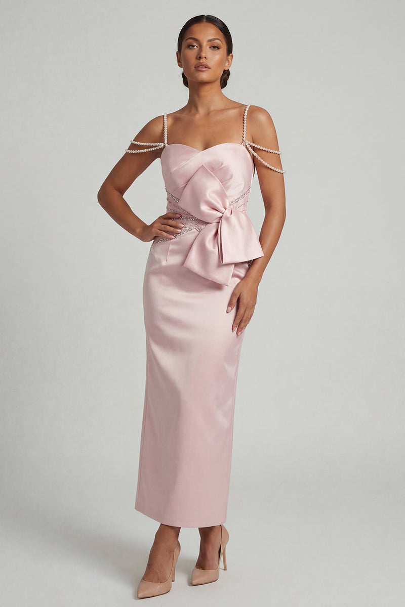 Load image into Gallery viewer, Blush Beaded Sheath Long Formal Dress with Bow