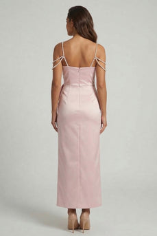Blush Beaded Sheath Long Formal Dress with Bow