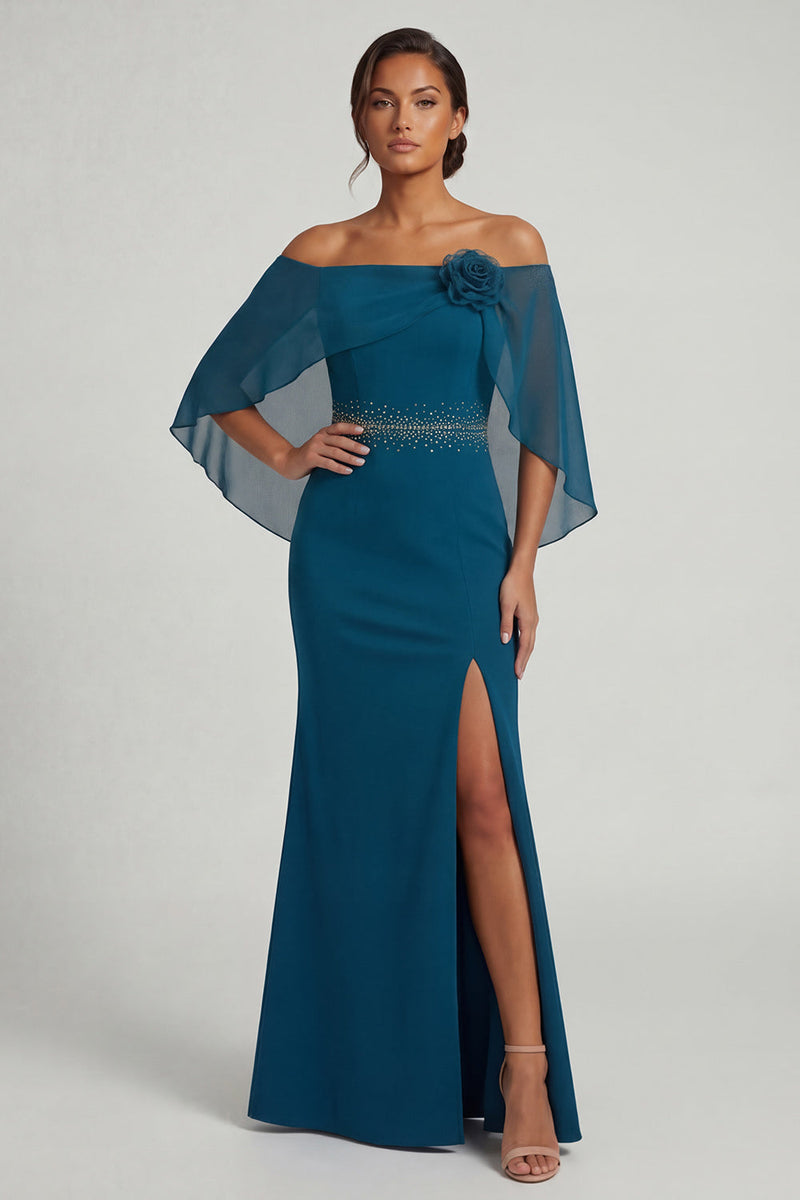Load image into Gallery viewer, Peacock Blue Beaded Long Mermaid Mother of the Bride Dress with 3D Flower
