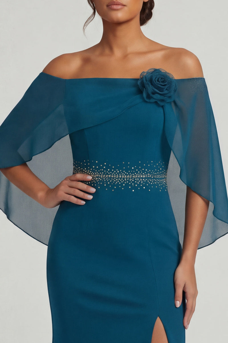 Load image into Gallery viewer, Peacock Blue Beaded Long Mermaid Mother of the Bride Dress with 3D Flower