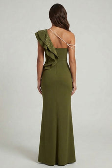 Olive Mermaid Long Beaded Formal Dress with Ruffles