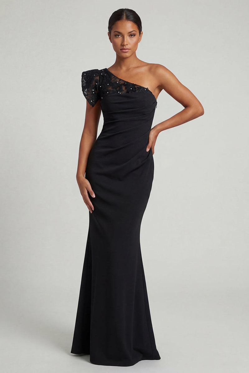 Load image into Gallery viewer, Black One Shoulder Ruched Long Mermaid Formal Dress with Lace