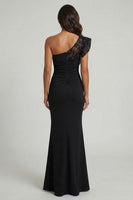 Load image into Gallery viewer, Black One Shoulder Ruched Long Mermaid Formal Dress with Lace