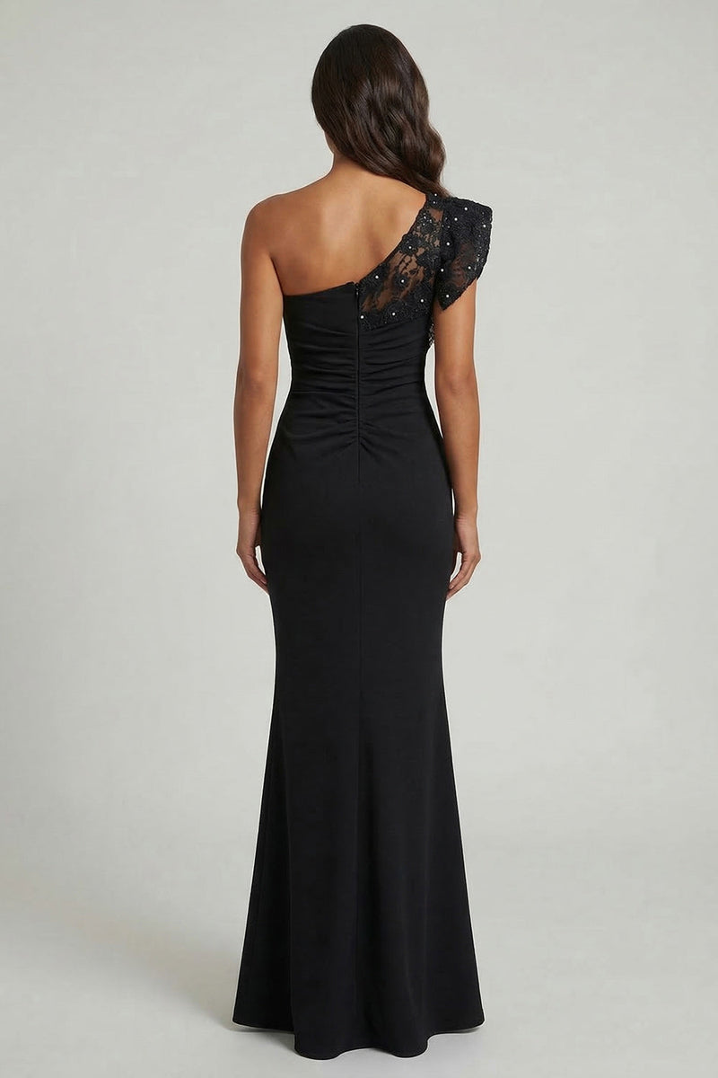 Load image into Gallery viewer, Black One Shoulder Ruched Long Mermaid Formal Dress with Lace