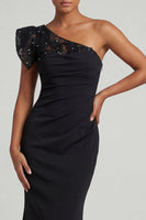 Load image into Gallery viewer, Black One Shoulder Ruched Long Mermaid Formal Dress with Lace