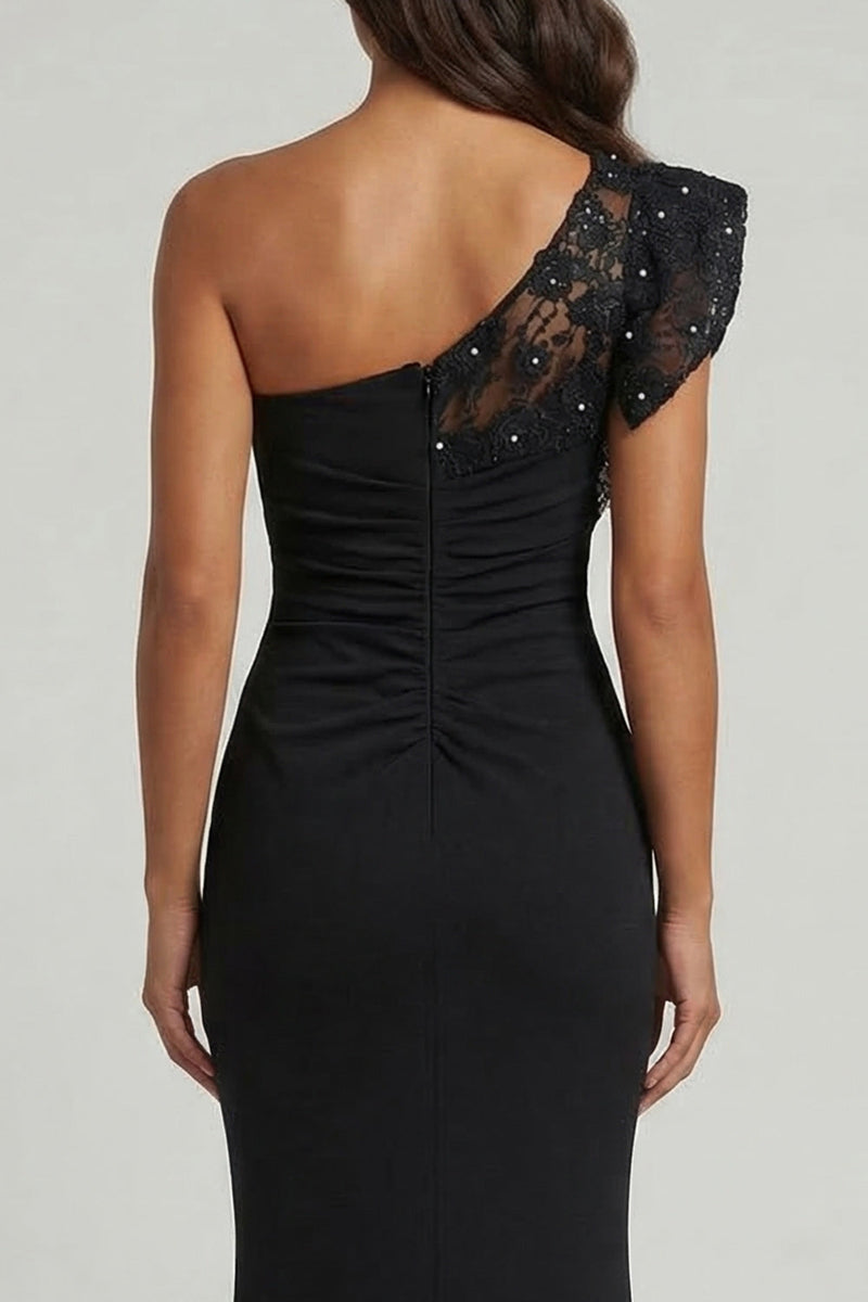 Load image into Gallery viewer, Black One Shoulder Ruched Long Mermaid Formal Dress with Lace