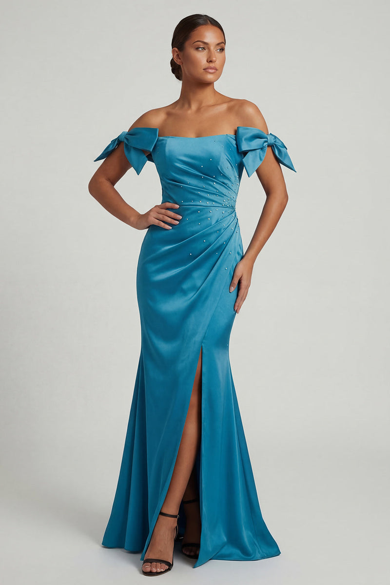 Load image into Gallery viewer, Peacock Green Ruched Mermaid Long Formal Dress with Bow