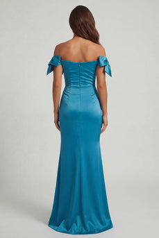 Peacock Green Ruched Mermaid Long Formal Dress with Bow