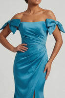 Load image into Gallery viewer, Peacock Green Ruched Mermaid Long Formal Dress with Bow