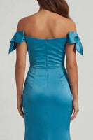 Load image into Gallery viewer, Peacock Green Ruched Mermaid Long Formal Dress with Bow