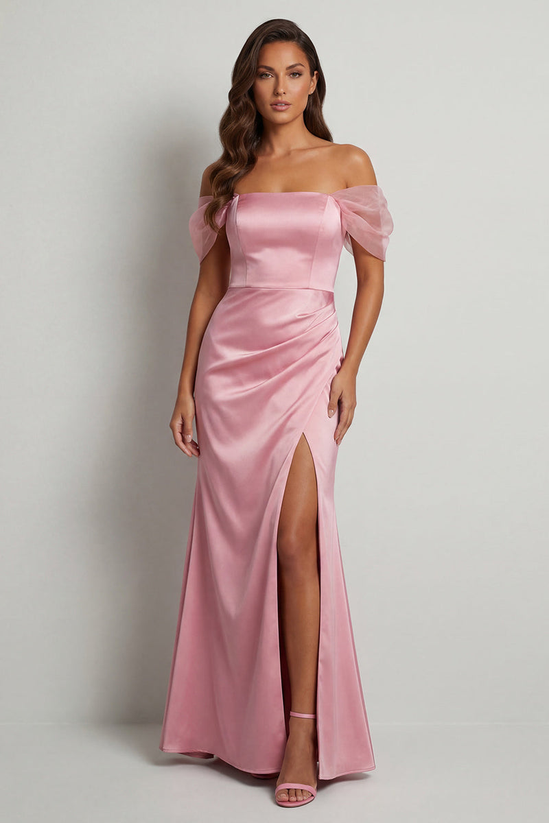 Load image into Gallery viewer, Pink Sheath Ruched Long Formal Dress with Slit