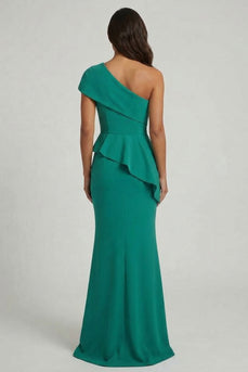 Dark Green Mermaid Long One Shoulder Formal Dress with Ruffles