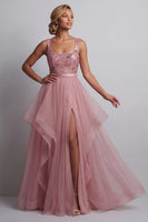 Load image into Gallery viewer, Sparkly Pink A Line Sequin Long Formal Dress with Ruffles