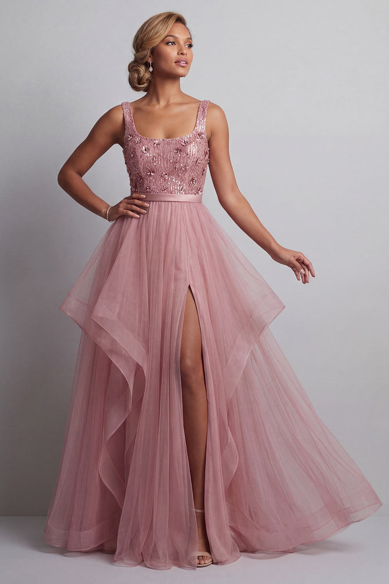 Load image into Gallery viewer, Sparkly Pink A Line Sequin Long Formal Dress with Ruffles