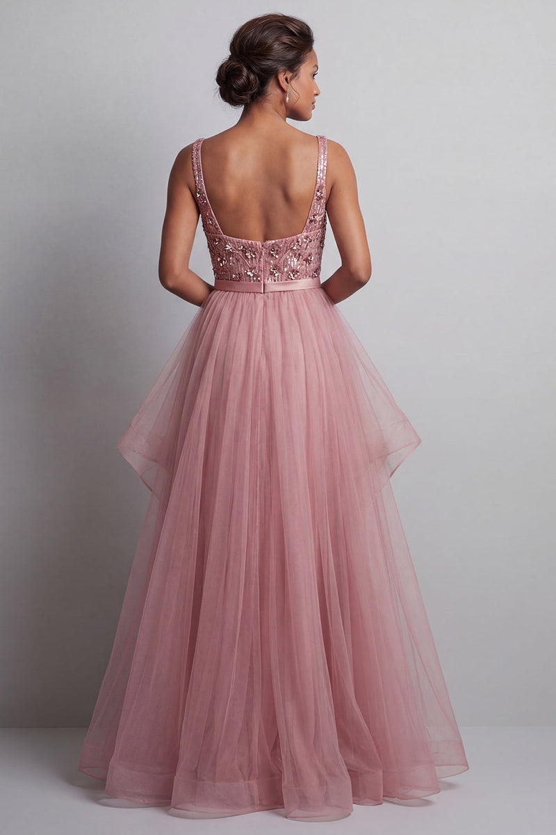 Load image into Gallery viewer, Sparkly Pink A Line Sequin Long Formal Dress with Ruffles