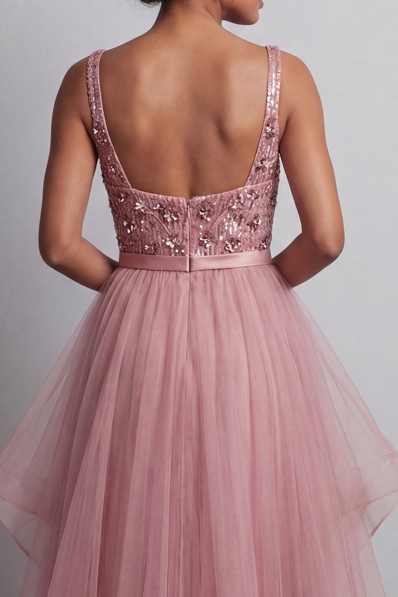 Load image into Gallery viewer, Sparkly Pink A Line Sequin Long Formal Dress with Ruffles