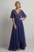 Load image into Gallery viewer, Navy Floral V-Neck A Line Asymmetrical Mother of the Bride Dress