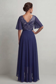 Navy Floral V-Neck A Line Asymmetrical Mother of the Bride Dress