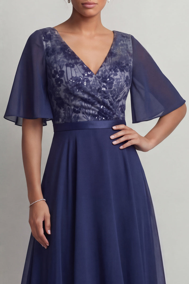 Load image into Gallery viewer, Navy Floral V-Neck A Line Asymmetrical Mother of the Bride Dress