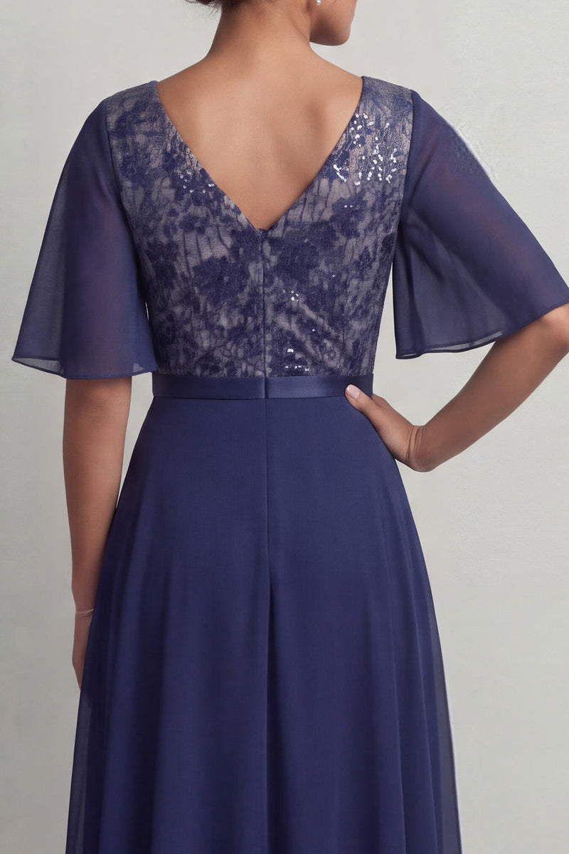 Load image into Gallery viewer, Navy Floral V-Neck A Line Asymmetrical Mother of the Bride Dress