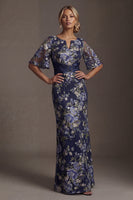 Load image into Gallery viewer, Half Sleeves Navy Floral Long Sheath Mother of the Bride Dress