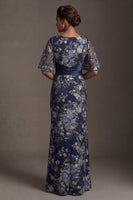 Load image into Gallery viewer, Half Sleeves Navy Floral Long Sheath Mother of the Bride Dress