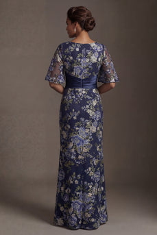 Half Sleeves Navy Floral Long Sheath Mother of the Bride Dress
