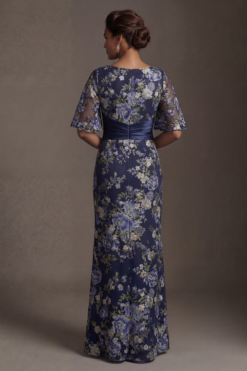 Load image into Gallery viewer, Half Sleeves Navy Floral Long Sheath Mother of the Bride Dress