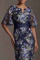 Load image into Gallery viewer, Half Sleeves Navy Floral Long Sheath Mother of the Bride Dress
