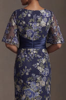 Load image into Gallery viewer, Half Sleeves Navy Floral Long Sheath Mother of the Bride Dress