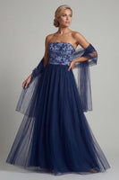 Load image into Gallery viewer, Navy Tulle A Line Long Floral Formal Dress with Shawl