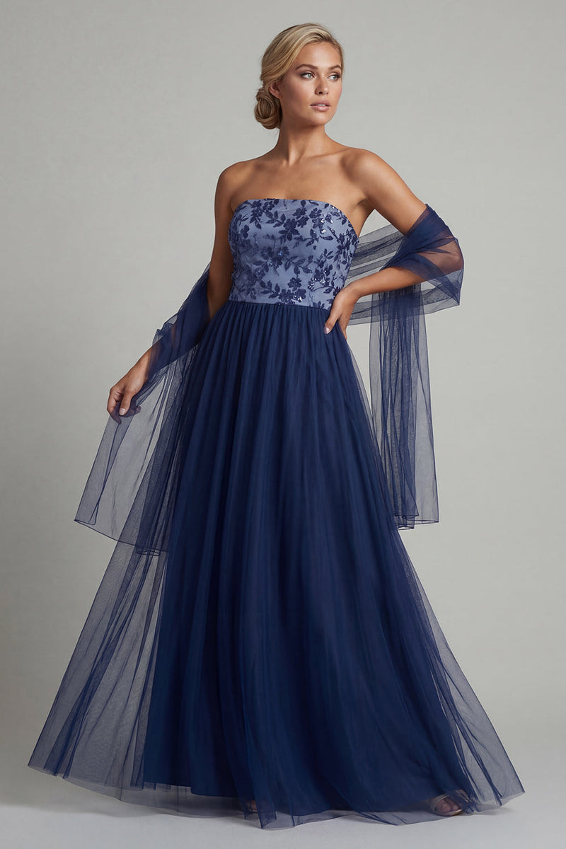 Load image into Gallery viewer, Navy Tulle A Line Long Floral Formal Dress with Shawl