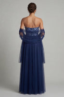 Load image into Gallery viewer, Navy Tulle A Line Long Floral Formal Dress with Shawl