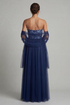 Navy Tulle A Line Long Floral Formal Dress with Shawl