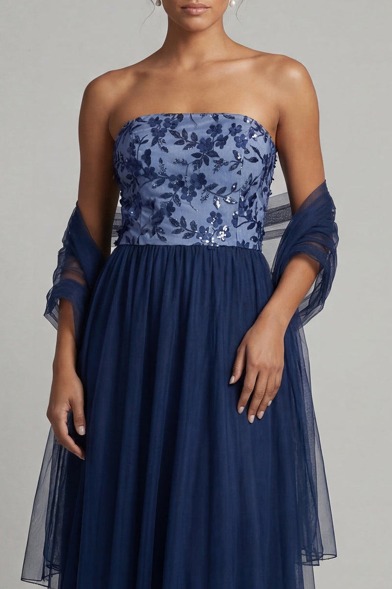 Load image into Gallery viewer, Navy Tulle A Line Long Floral Formal Dress with Shawl